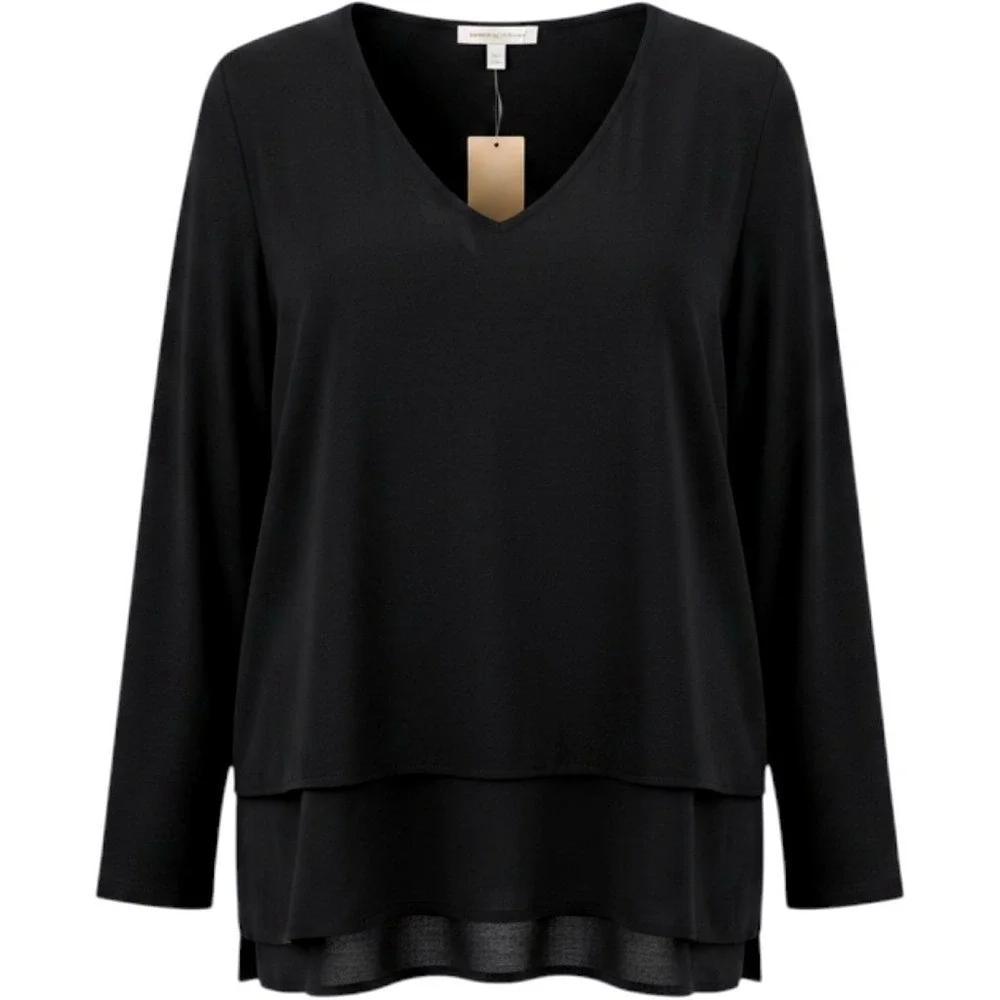 Michael Kors Womens 1X Black V-Neck Layered Hem Long Sleeve Blouse  NEW